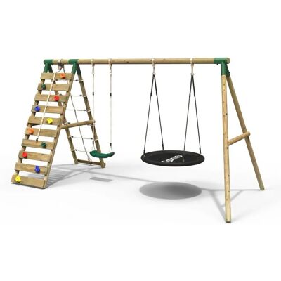 Rebo - Wooden Swing Set - Green - Up and Over Climbing Wall - Swing Set Rebo - Wooden Swing Set - Green - Up and Over Climbing Wall - Swing Set