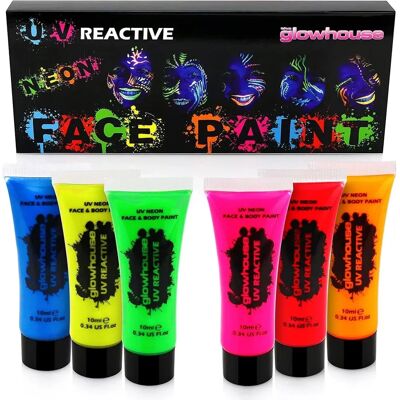 Marca Pintura Facial Neon - 6 Cores Reativas UV - Luz Forte Marca Pintura Facial Neon - 6 Cores Reativas UV - Luz Forte