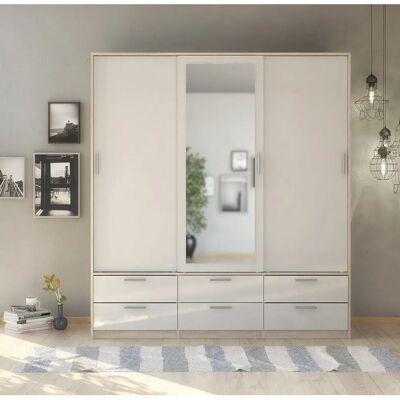 Furniture To Go Wardrobe - 3 Doors 6 Drawers in Oak with White High Gloss Furniture To Go Wardrobe - 3 Doors 6 Drawers in Oak with White High Gloss