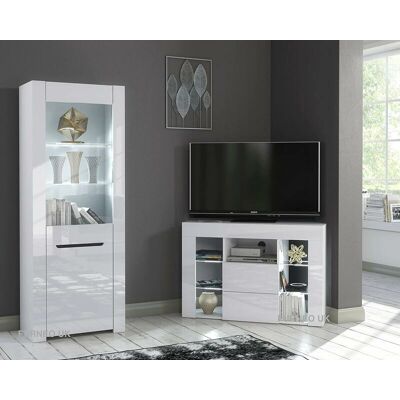 Furneo - Gloss & Matt White Living Room Set Corner TV Stand - LED Lights - TV Stand Furneo - Gloss & Matt White Living Room Set Corner TV Stand - LED Lights - TV Stand