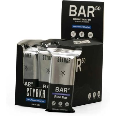Barre Énergétique Styrkr BAR50 - Boîte de 12 - Date / Amande / Sel Marin - Publicité Barre Énergétique Styrkr BAR50 - Boîte de 12 - Date / Amande / Sel Marin - Publicité