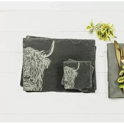 The Just Slate Company Highland Cow Slate Coaster & Place Mat Set - Dark Grey - Coaster & Placemat The Just Slate Company Highland Cow Slate Coaster & Place Mat Set - Dark Grey - Coaster & Placemat