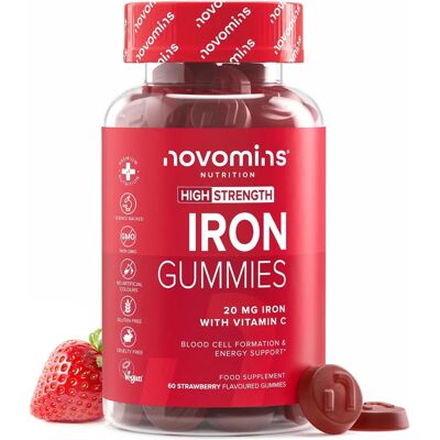 Novomins Iron Gummies - Vitamin C - Chewable - Strawberry - Vegan - High Strength - Unisex - 5mg Iron Novomins Iron Gummies - Vitamin C - Chewable - Strawberry - Vegan - High Strength - Unisex - 5mg Iron