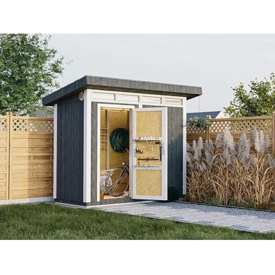TIMBELA Caseta de jardín de paneles de madera 3m² con suelo y baldosas bituminosas - L161xA294xA239 cm TIMBELA Caseta de jardín de paneles de madera 3m² con suelo y baldosas bituminosas - L161xA294xA239 cm
