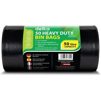 Delka Heavy Duty Black Bin Bags - 50 L, Pack of 50 Delka Heavy Duty Black Bin Bags - 50 L, Pack of 50