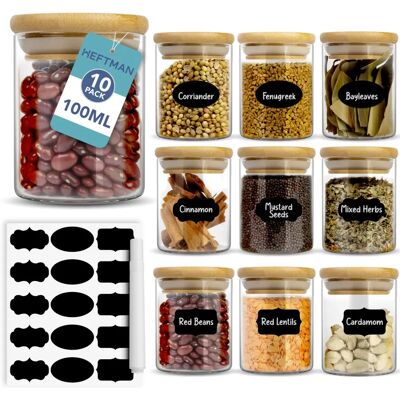 HEFTMAN - Glass Spice Jars - 100ml - Bamboo Lid - Spice Jars HEFTMAN - Glass Spice Jars - 100ml - Bamboo Lid - Spice Jars