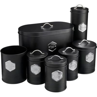 Cooks Professional - Tea Coffee Sugar Canisters - 7pc - Black Silver Cooks Professional - Tea Coffee Sugar Canisters - 7pc - Black Silver