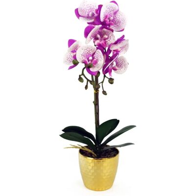Leaf 50cm Phalaenopsis Orchid Artificial - Purple / White - Gold Pot - Artificial Orchid Leaf 50cm Phalaenopsis Orchid Artificial - Purple / White - Gold Pot - Artificial Orchid