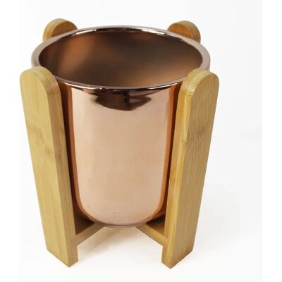 Leaf 16cm Gold Ceramic Planter with Bamboo Stand - Planter Leaf 16cm Gold Ceramic Planter with Bamboo Stand - Planter