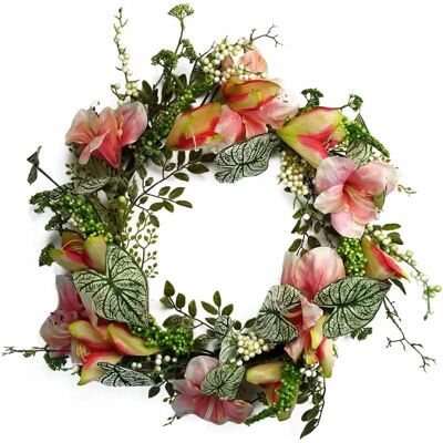 Leaf - Pink Lily Flower Wreath - 60cm - Artificial - Wreath Leaf - Pink Lily Flower Wreath - 60cm - Artificial - Wreath