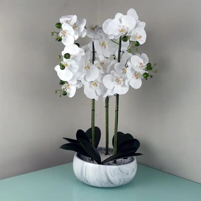 Leaf 60cm Orchid White - Marble Effect Ceramic Planter - Artificial Orchid Plant Leaf 60cm Orchid White - Marble Effect Ceramic Planter - Artificial Orchid Plant