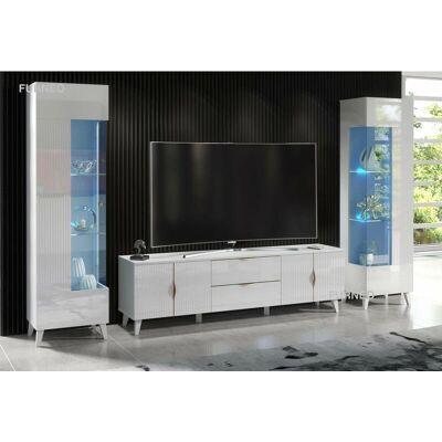 Furneo - Blue LED White Living Room Set - High Gloss - Matt TV Stand - Living Room Furniture Furneo - Blue LED White Living Room Set - High Gloss - Matt TV Stand - Living Room Furniture