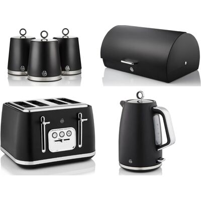 Swan Serenity Black Kettle Toaster Bread Bin & Canisters Set - Kitchen Appliances Swan Serenity Black Kettle Toaster Bread Bin & Canisters Set - Kitchen Appliances