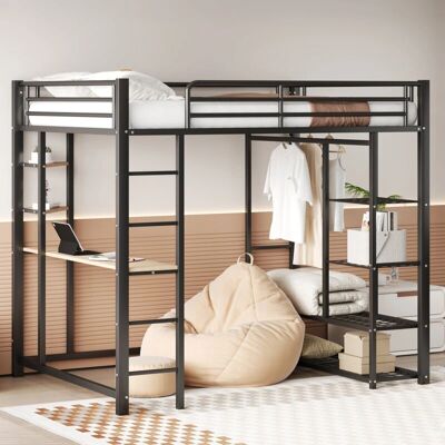 REDOM - Litera loft de metal 140x200 cm - Blanco/Negro - 204x145x180 cm - Escritorio incluido - Litera loft REDOM - Litera loft de metal 140x200 cm - Blanco/Negro - 204x145x180 cm - Escritorio incluido - Litera loft