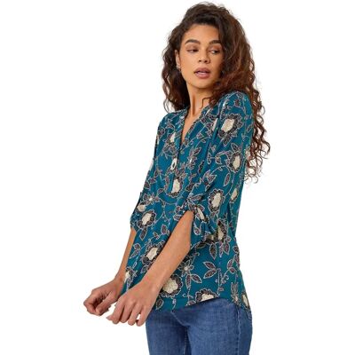 Roman Green Floral Top - Notch Neck 3/4 Sleeves - Casual & Smart Roman Green Floral Top - Notch Neck 3/4 Sleeves - Casual & Smart