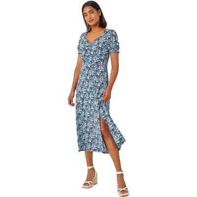 Robe midi florale froncée à motifs - Vert - Taille 14 Robe midi florale froncée à motifs - Vert - Taille 14