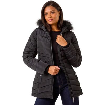 Roman Originals UK Black Faux Fur Hooded Quilt Coat - Coat Roman Originals UK Black Faux Fur Hooded Quilt Coat - Coat