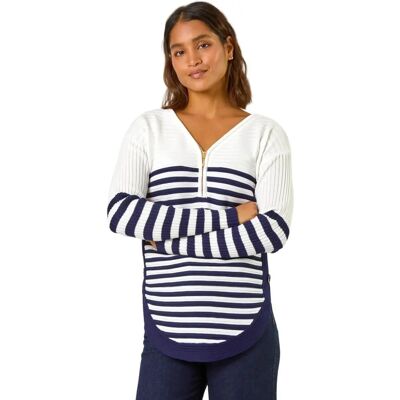 Roman Originals UK Elfenbein Streifen Reißverschluss vorne Rippstrick Pullover - Damen Roman Originals UK Elfenbein Streifen Reißverschluss vorne Rippstrick Pullover - Damen