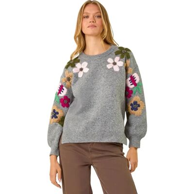 Roman Originals UK Floral Embellished Grey Jumper - Size 10 - Women Roman Originals UK Floral Embellished Grey Jumper - Size 10 - Women