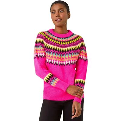 Roman Originals UK Magenta Diamantmuster Rundhals-Pullover - Damenmode Roman Originals UK Magenta Diamantmuster Rundhals-Pullover - Damenmode