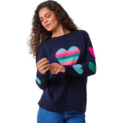 Roman Originals UK Multi Heart Longline Jumper - Midnight Blue - Womens Roman Originals UK Multi Heart Longline Jumper - Midnight Blue - Womens