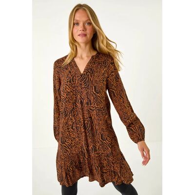 Roman Originals UK Animal Print Pintuck Smock Dress - Rust - Dress Roman Originals UK Animal Print Pintuck Smock Dress - Rust - Dress