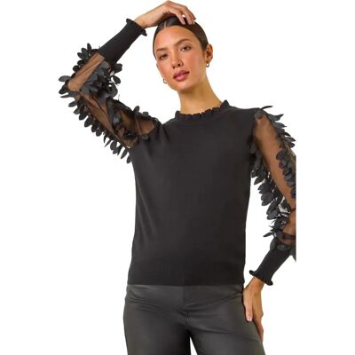 Roman Originals UK Black Sheer Feather Sleeved Jumper - Women 14 - Jumper Roman Originals UK Black Sheer Feather Sleeved Jumper - Women 14 - Jumper