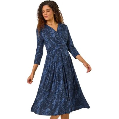 Roman Originals UK Animal Print Mock Wrap Midi Dress - Blue - Size 14 Roman Originals UK Animal Print Mock Wrap Midi Dress - Blue - Size 14
