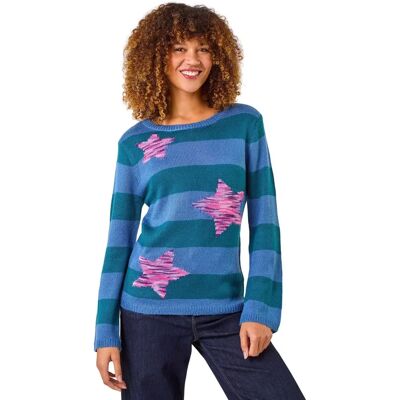Roman Originals UK Star Stripe Crew Neck Knit Jumper - Womens, Blue, Size 16 Roman Originals UK Star Stripe Crew Neck Knit Jumper - Womens, Blue, Size 16