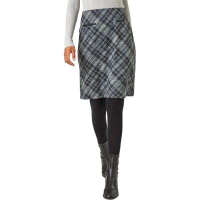 Roman Originals UK Dark Grey Elastic Waist Check Print Pocket Pencil Skirt - Womens Size 16 Roman Originals UK Dark Grey Elastic Waist Check Print Pocket Pencil Skirt - Womens Size 16