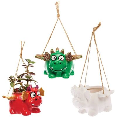 Set med 2 keramiska hängande blomkrukor med drake Set med 2 keramiska hängande blomkrukor med drake