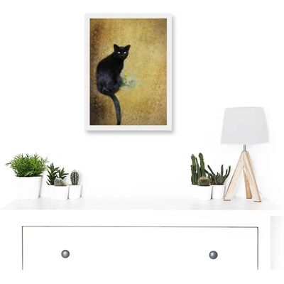 Artery8 - Black Cat With Yellow Flower - Framed Wall Art Artery8 - Black Cat With Yellow Flower - Framed Wall Art