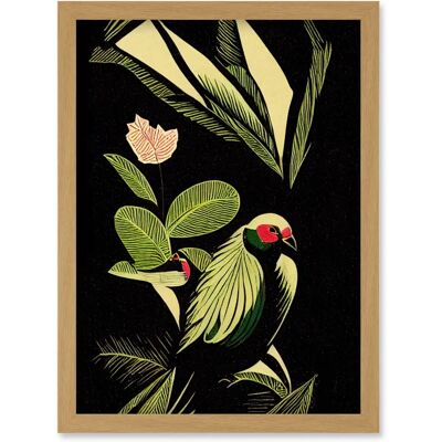 Artery8 - Green Black Modern Vintage Tropical Plant Leaves with Bird Artwork - A4 - Light Oak - Wall Art Print Artery8 - Green Black Modern Vintage Tropical Plant Leaves with Bird Artwork - A4 - Light Oak - Wall Art Print
