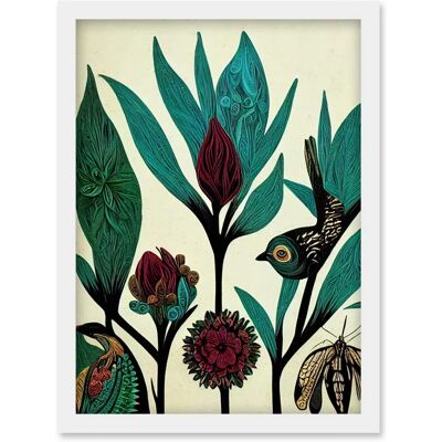 Artery8 Abstract Folk Art Leaves Flowers Birds - Green - A4 - Framed - Art Print Artery8 Abstract Folk Art Leaves Flowers Birds - Green - A4 - Framed - Art Print
