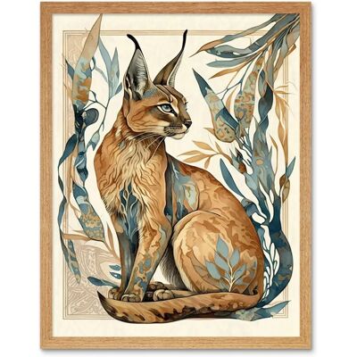 Artery8 - Caracal Cat with Teal Plants - Light oak - 12x16 inch - Framed Poster Artery8 - Caracal Cat with Teal Plants - Light oak - 12x16 inch - Framed Poster