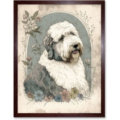 Artery8 English Sheepdog with Flower Blooms Boho Portrait - Watercolour Art Print - Framed 12x16 Artery8 English Sheepdog with Flower Blooms Boho Portrait - Watercolour Art Print - Framed 12x16