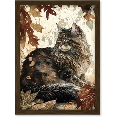 Artery8 Maine Coon Cat in Autumn Leaves A4 Brown Framed Art Print Artery8 Maine Coon Cat in Autumn Leaves A4 Brown Framed Art Print