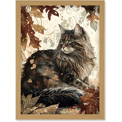 Artery8 Maine Coon Cat in Autumn Leaves - A4 - light oak - Artwork Artery8 Maine Coon Cat in Autumn Leaves - A4 - light oak - Artwork