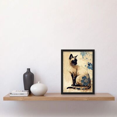 Artery8 - Siamese Cat with Blue Flowers - Black - A4 - Wall Art Artery8 - Siamese Cat with Blue Flowers - Black - A4 - Wall Art