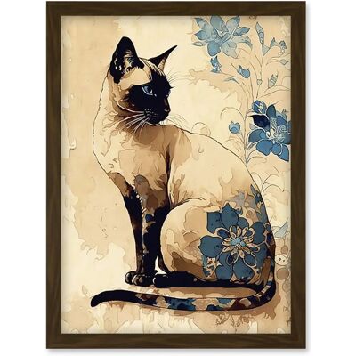 Artery8 - Siamese Cat - Blue Flowers - Wall Art Artery8 - Siamese Cat - Blue Flowers - Wall Art