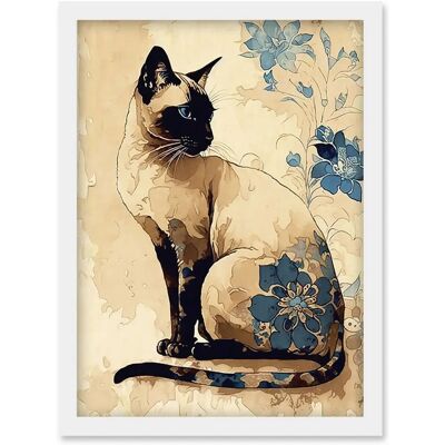 Artery8 - Siamese Cat - Blue Flowers - Wall Art Print Artery8 - Siamese Cat - Blue Flowers - Wall Art Print