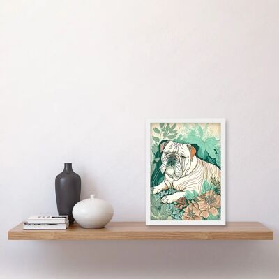 Artery8 Bulldog Lying in a Flower Field - White Frame - A4 - Art Print Artery8 Bulldog Lying in a Flower Field - White Frame - A4 - Art Print