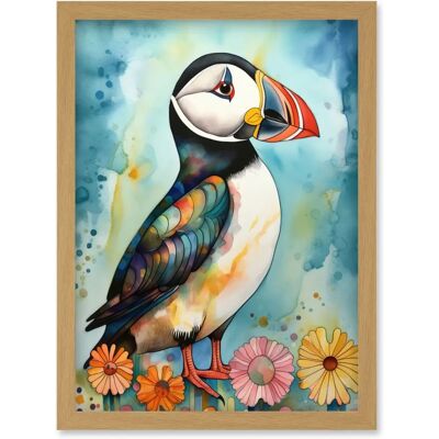 Artery8 - Puffin Bird With Flowers - A4 - Framed Wall Art Artery8 - Puffin Bird With Flowers - A4 - Framed Wall Art