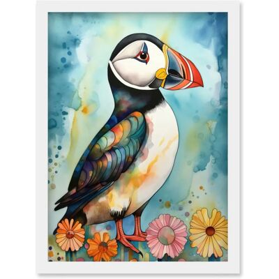 Artery8 - Puffin Bird With Flowers - White - A4 - Framed wall art Artery8 - Puffin Bird With Flowers - White - A4 - Framed wall art