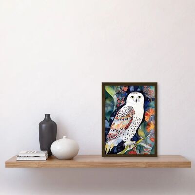 Artery8 - Snowy Owl On Blooming Tree - brown - Wall Art Print Artery8 - Snowy Owl On Blooming Tree - brown - Wall Art Print