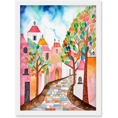 Artery8 - Cobblestone Street In Spring Folk Art - White - Framed Wall Art Print Artery8 - Cobblestone Street In Spring Folk Art - White - Framed Wall Art Print