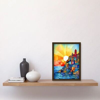 Artery8 - Sunset Coast Cliffs Lighthouse - A4 - Framed - Wall art Artery8 - Sunset Coast Cliffs Lighthouse - A4 - Framed - Wall art