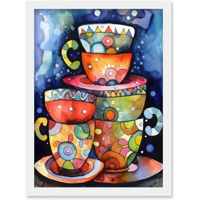 Artery8 - Kitchen Folk Art Mugs Artwork - A4 - White Frame - Wall Art Print Artery8 - Kitchen Folk Art Mugs Artwork - A4 - White Frame - Wall Art Print