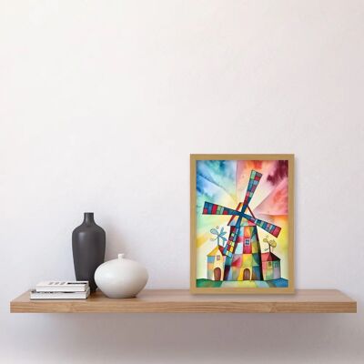 Artery8 - Windmill Folk Art Abstract Bright Artwork - A4 - Wall Art Artery8 - Windmill Folk Art Abstract Bright Artwork - A4 - Wall Art