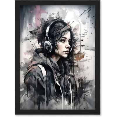 Artery8 - Teenager Girl in Black Hoodie Listening to Music through Headphones - Framed Wall Art Artery8 - Teenager Girl in Black Hoodie Listening to Music through Headphones - Framed Wall Art